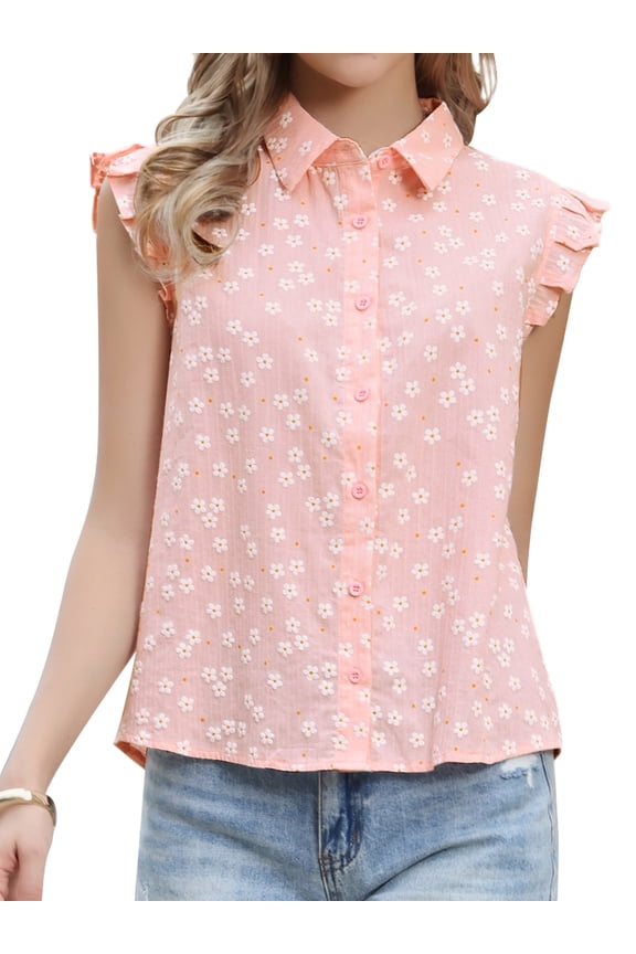 Women's Cute Floral Tops Ruffle Cap Sleeve Button Down Dressy Shirts XS Pink