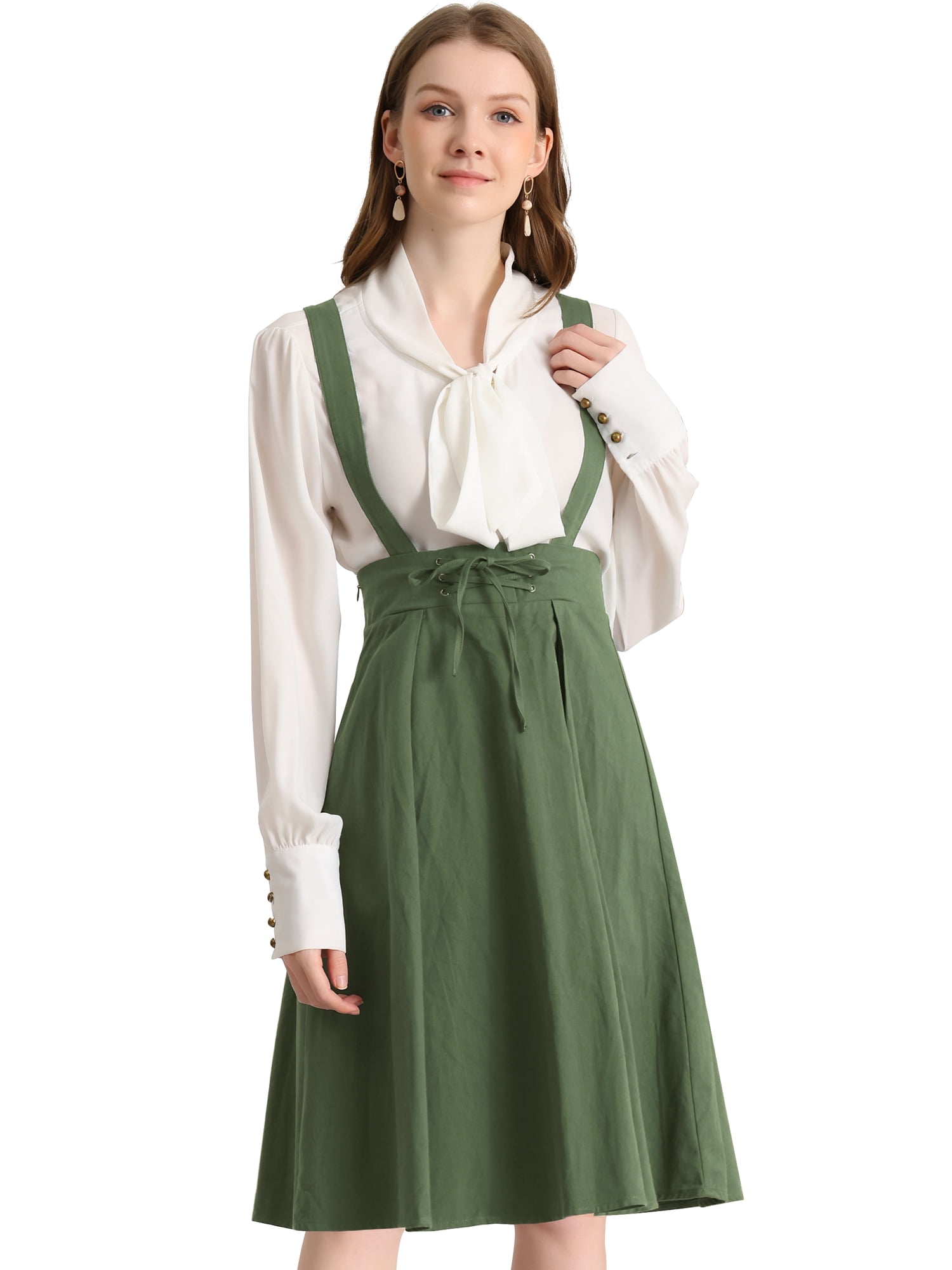 DARING DIVA Women's Cute High Waist Suspender Skirt Mini Dress M Army Green