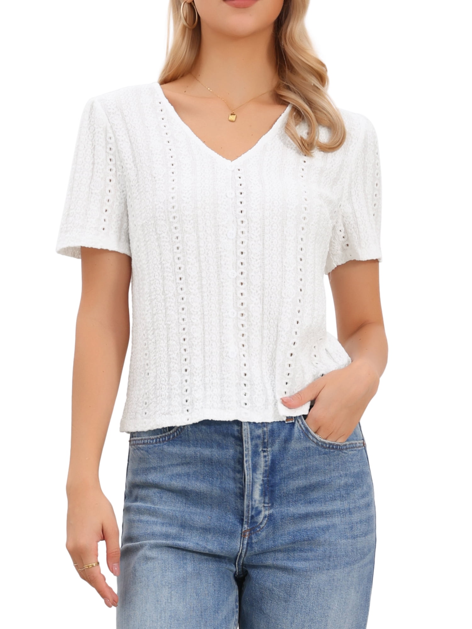 DARING DIVA Women's Cute V Neck Tops Eyelet Texture Short Sleeve Button Blouse XS White