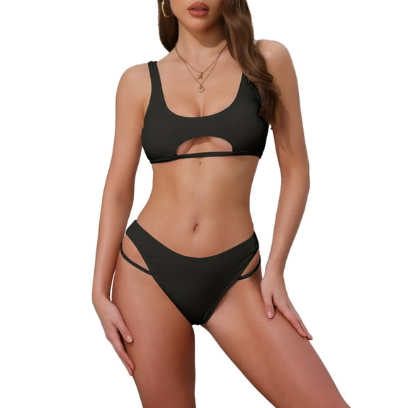 DARING DIVA Women's Cutout Racerback Ribbed Bikini Set Large Black