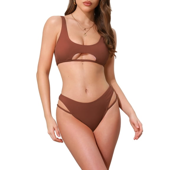 DARING DIVA Women's Cutout Racerback Ribbed Bikini Set Small Light Red Brown