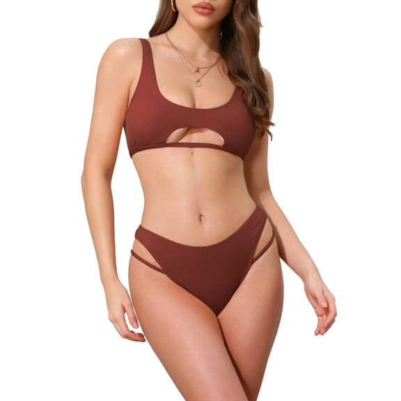 DARING DIVA Women's Cutout Racerback Ribbed Bikini Set Small Red Brown