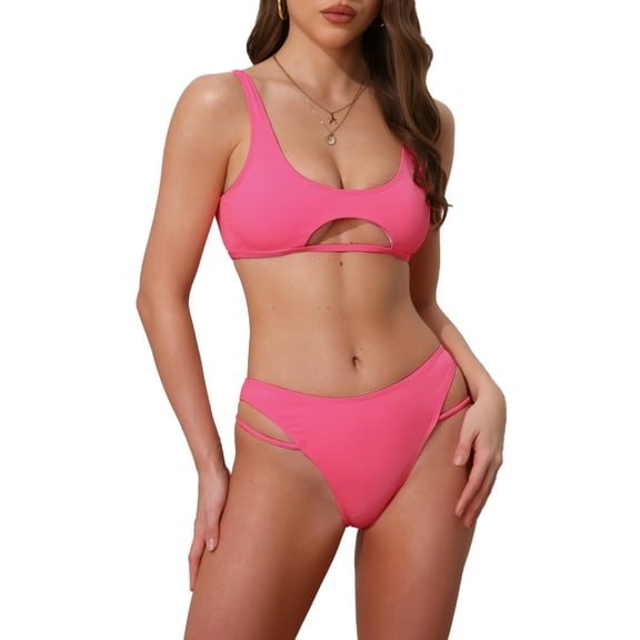 DARING DIVA Women's Cutout Racerback Ribbed Bikini Set Small Rose Red