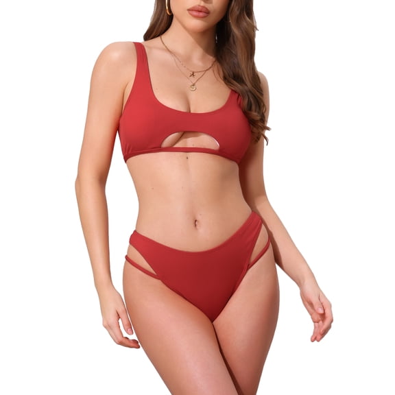 DARING DIVA Women's Cutout Racerback Ribbed Bikini Set X-Small Red