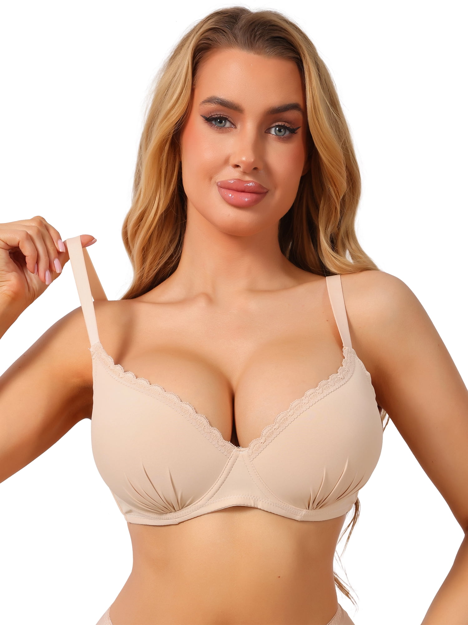 DARING DIVA Women's Deep V Lace Trim Push Up Underwire Strip Support Bra B 38 Beige