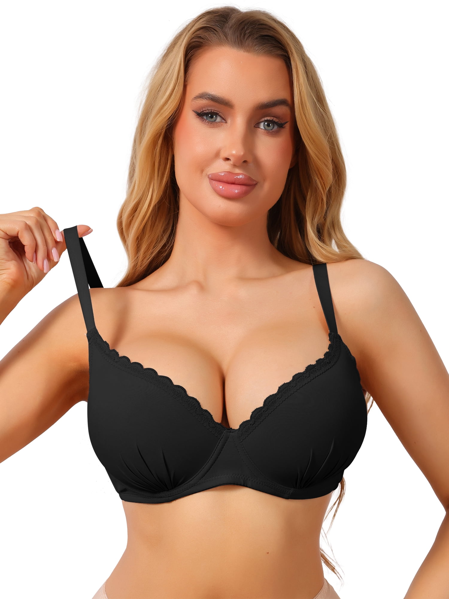 DARING DIVA Women's Deep V Lace Trim Push Up Underwire Strip Support Bra B 38 Black