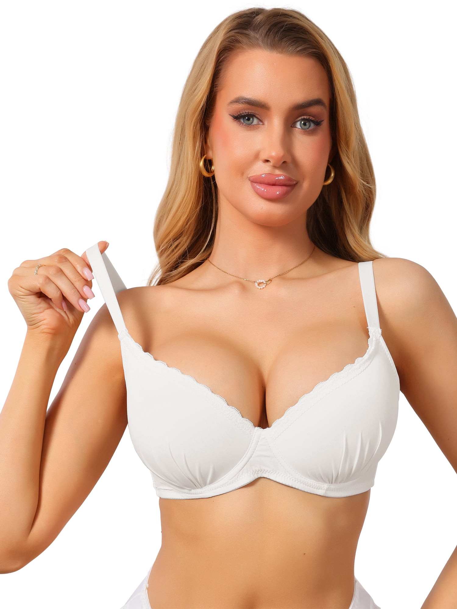 DARING DIVA Women's Deep V Lace Trim Push Up Underwire Strip Support Bra C 40 White