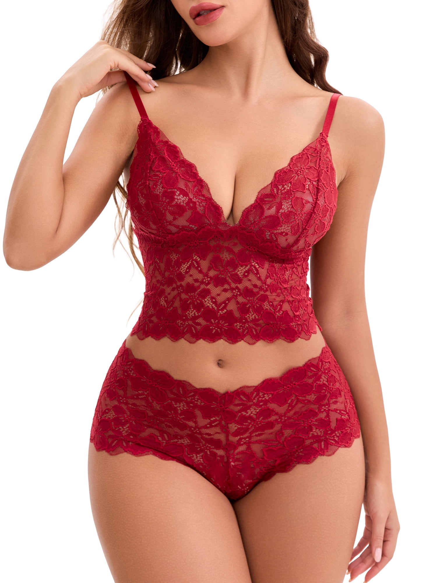 DARING DIVA Women's Deep V Push-Up Bra and Boyshorts Lace Lingerie Set L Wine Red