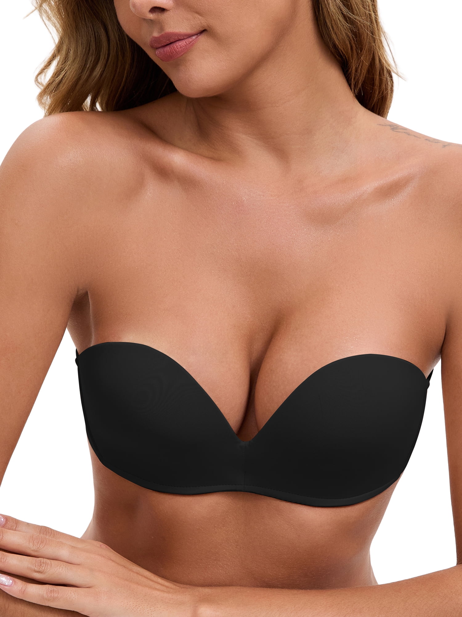 DARING DIVA Women's Deep V Strapless Wireless Demi Bandeau Top Push-Up Bra 34B Black