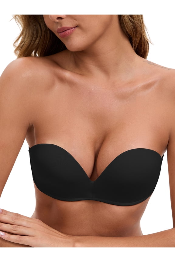 Women's Deep V Strapless Wireless Demi Bandeau Lace Bra 36B Black