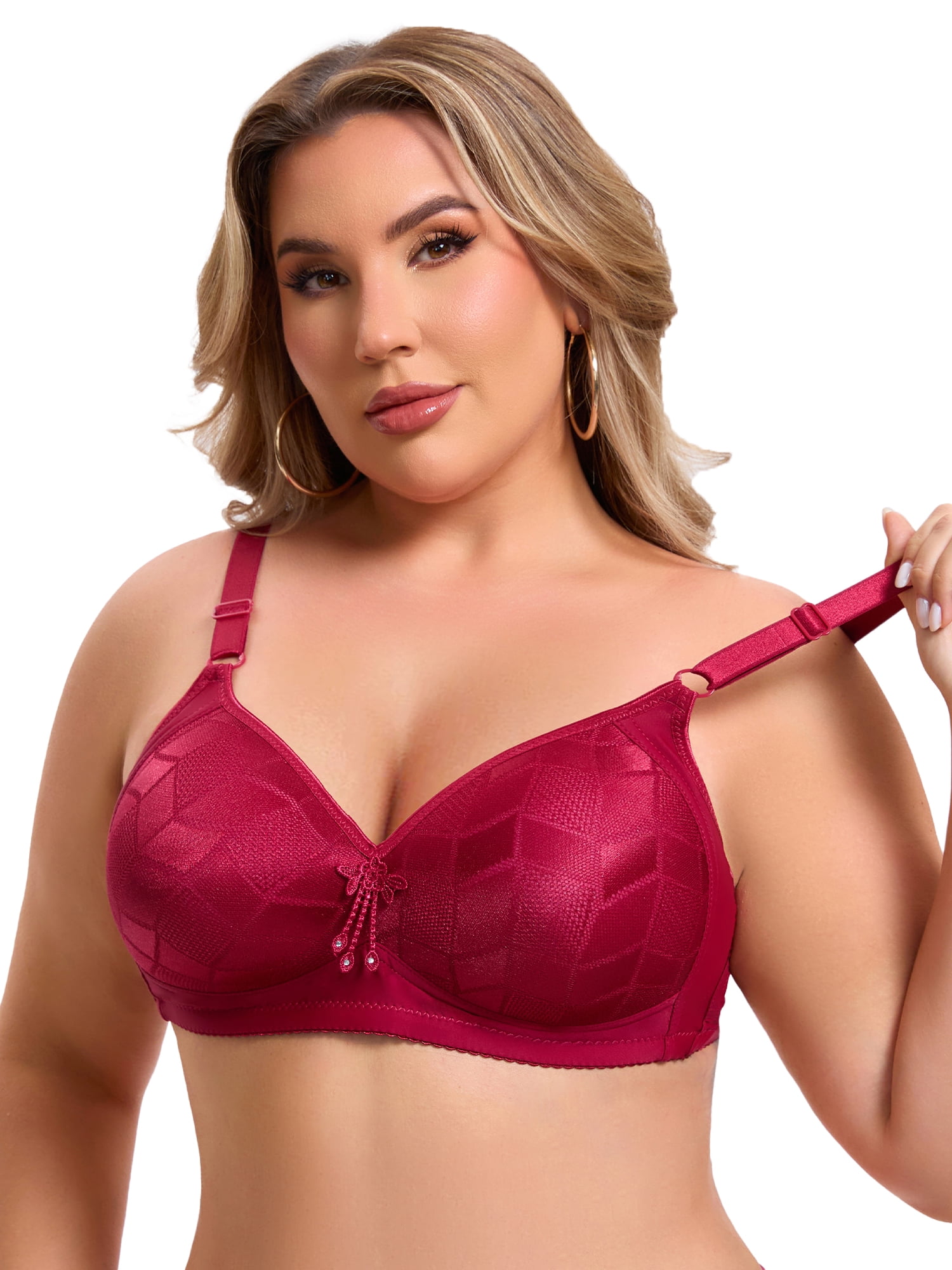 DARING DIVA Women's Deep V Wireless Bralette Soft Cup Adjustable Straps Bra C 48 Red