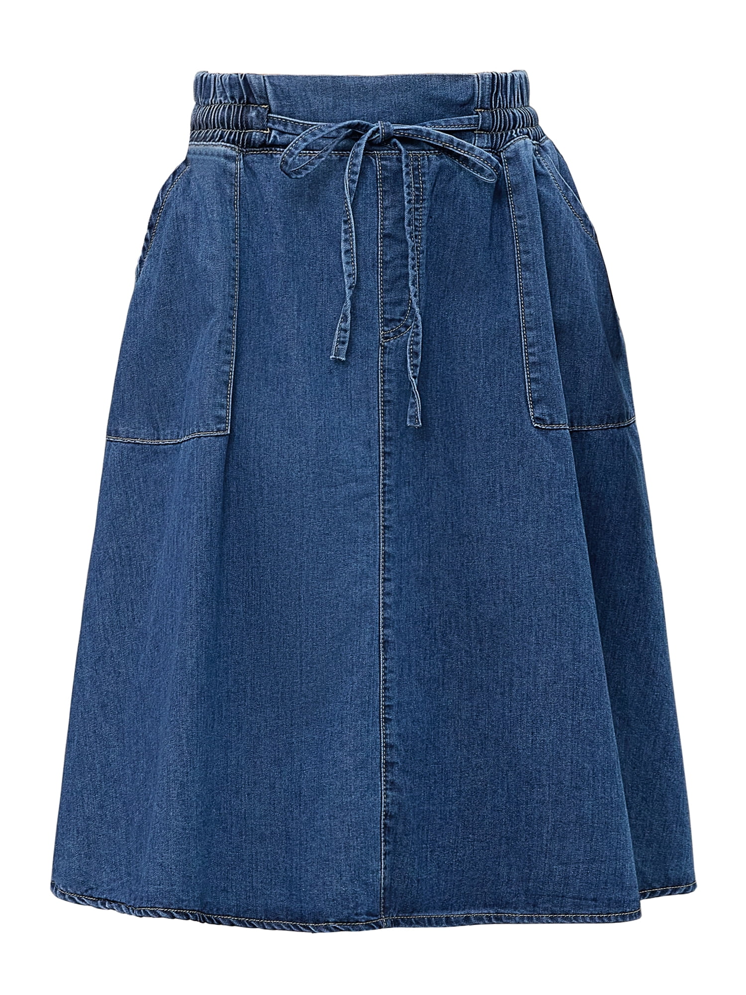 DARING DIVA Women's Denim A-Line Flare Midi Jean Skirt with Pockets Medium Blue