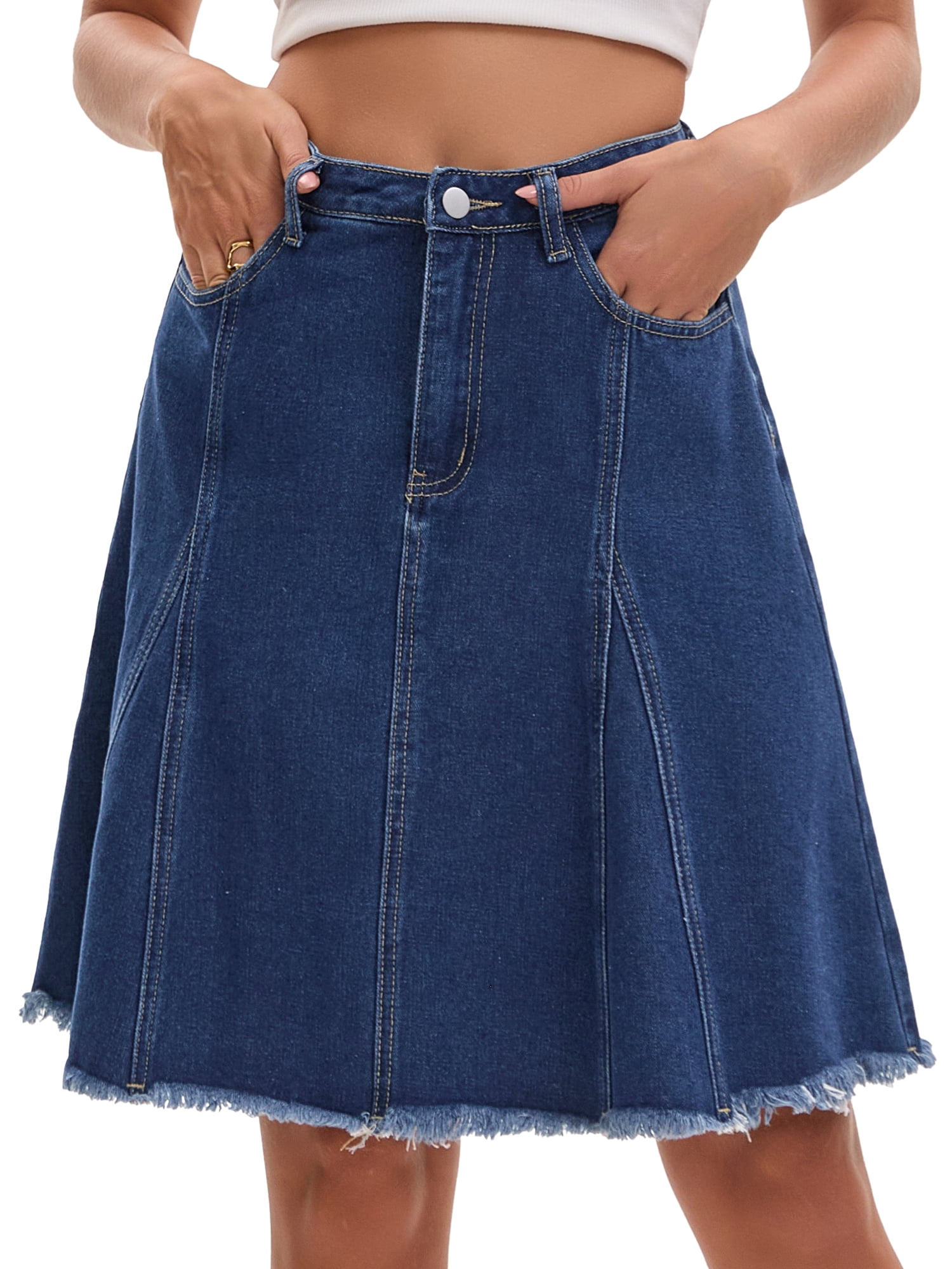 DARING DIVA Women's Denim A Line Flared Raw Hem Jean Skirts Medium Dark Blue