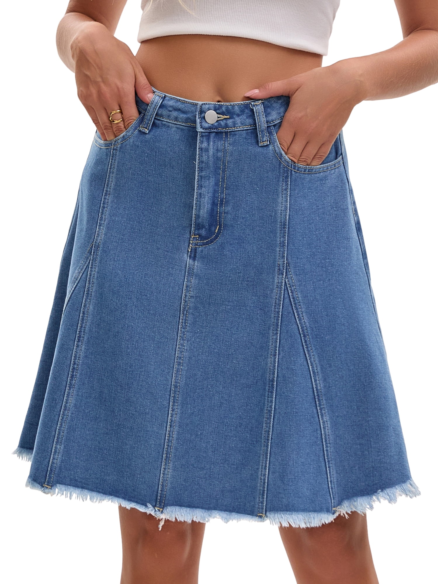 DARING DIVA Women's Denim A Line Flared Raw Hem Jean Skirts Small Blue
