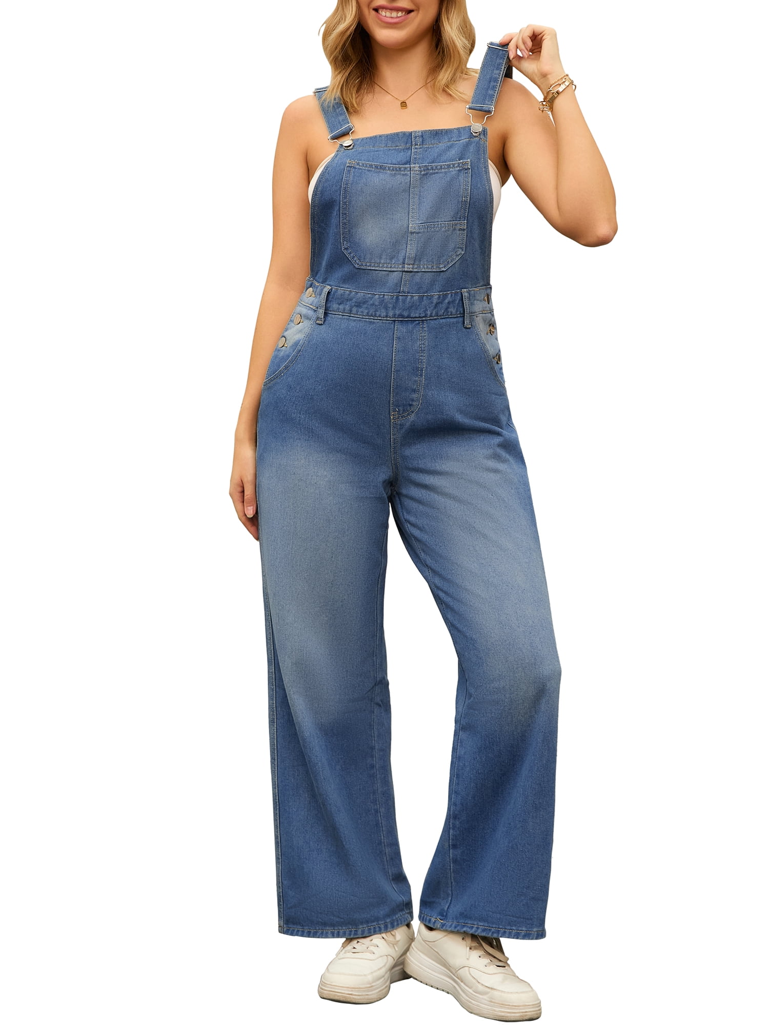 DARING DIVA Women's Denim Adjustable Straps Straight Leg Baggy Jumpsuits L Blue