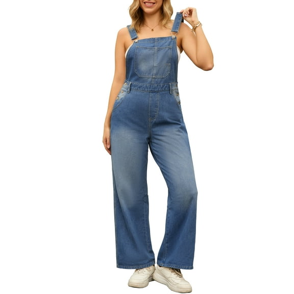 DARING DIVA Women's Denim Adjustable Straps Straight Leg Baggy Jumpsuits XL Blue