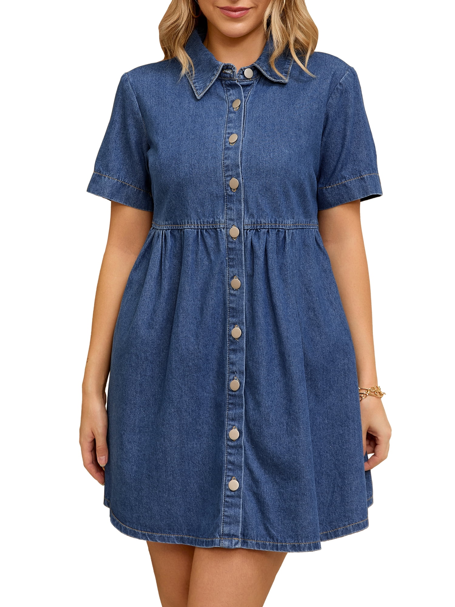 DARING DIVA Women's Denim Babydoll Collared Short Sleeve Button Down Dress M Blue