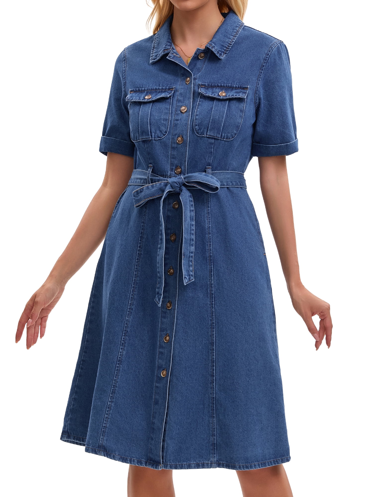 DARING DIVA Women's Denim Button Down Short Sleeve Belted Jean Shirt Dresses S Blue