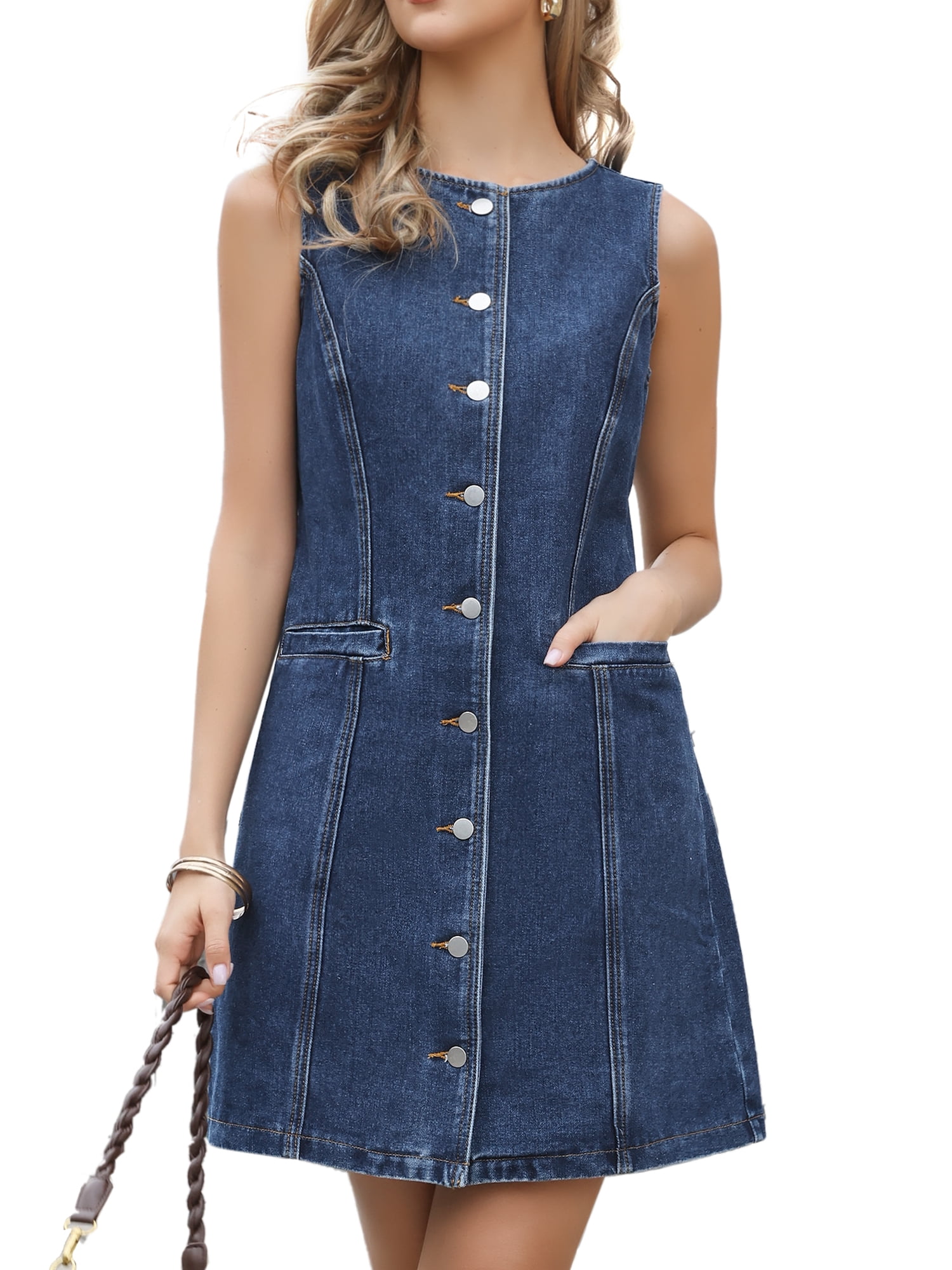 DARING DIVA Women's Denim Button Down Sleeveless Mini Dresses XS Dark Blue