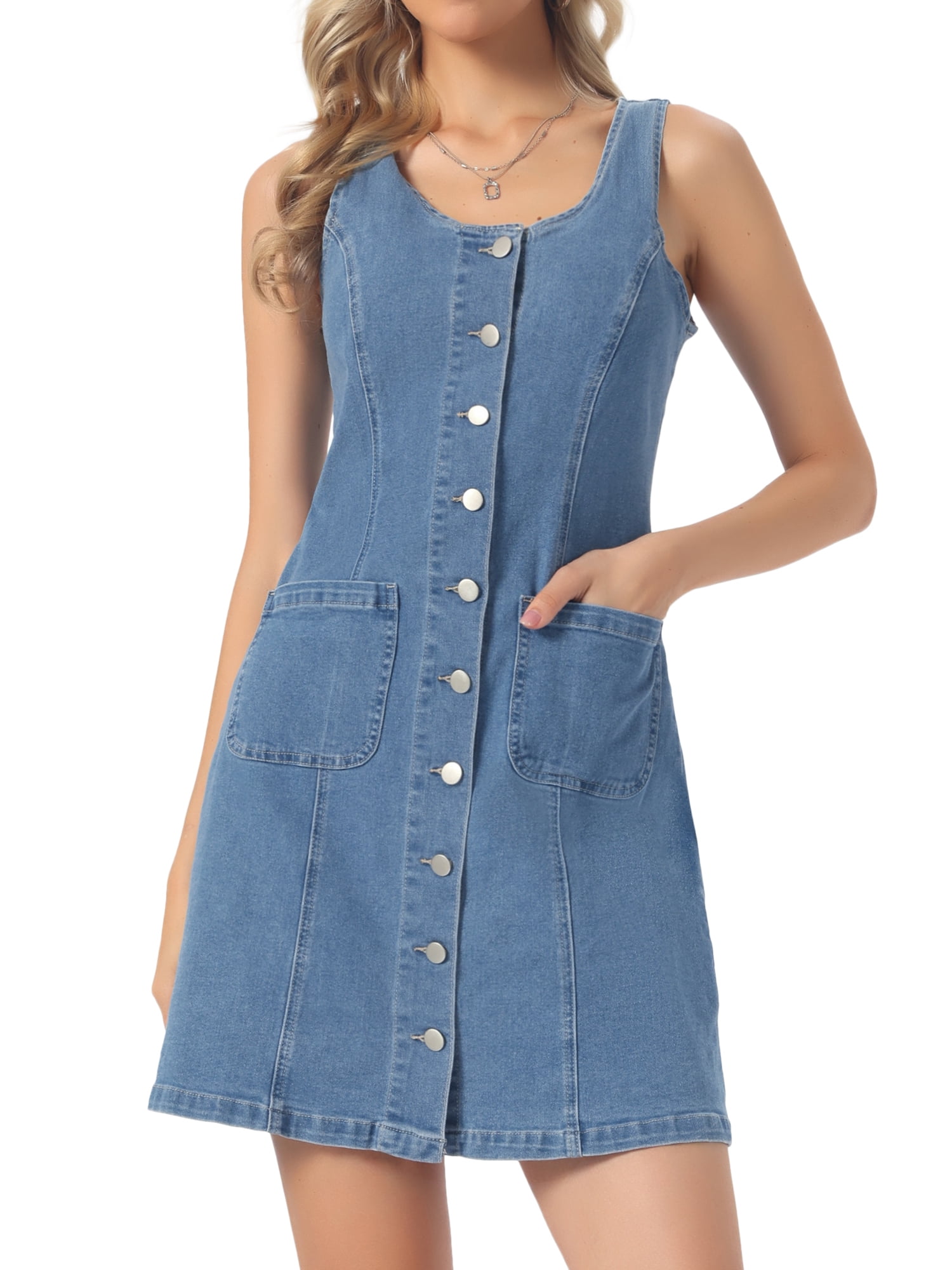 DARING DIVA Women's Denim Button Down Sleeveless Mini Length Dress XS Light Blue