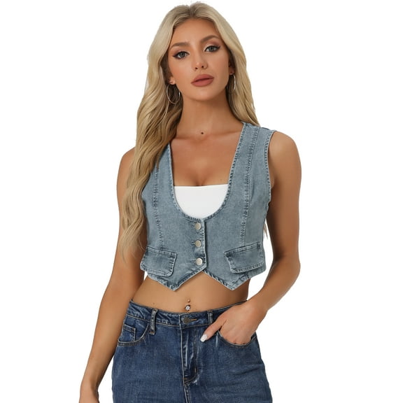 DARING DIVA Women's Denim Button Up Jean Crop Racerback Vest Jacket M Gray Blue