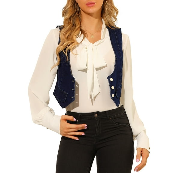 DARING DIVA Women's Denim Button Up Jean Crop Racerback Vest Jacket S Blue