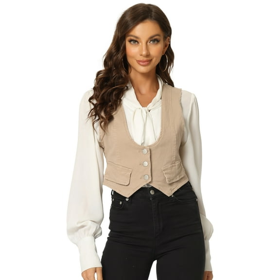 DARING DIVA Women's Denim Button Up Jean Crop Racerback Vest Jacket S Khaki