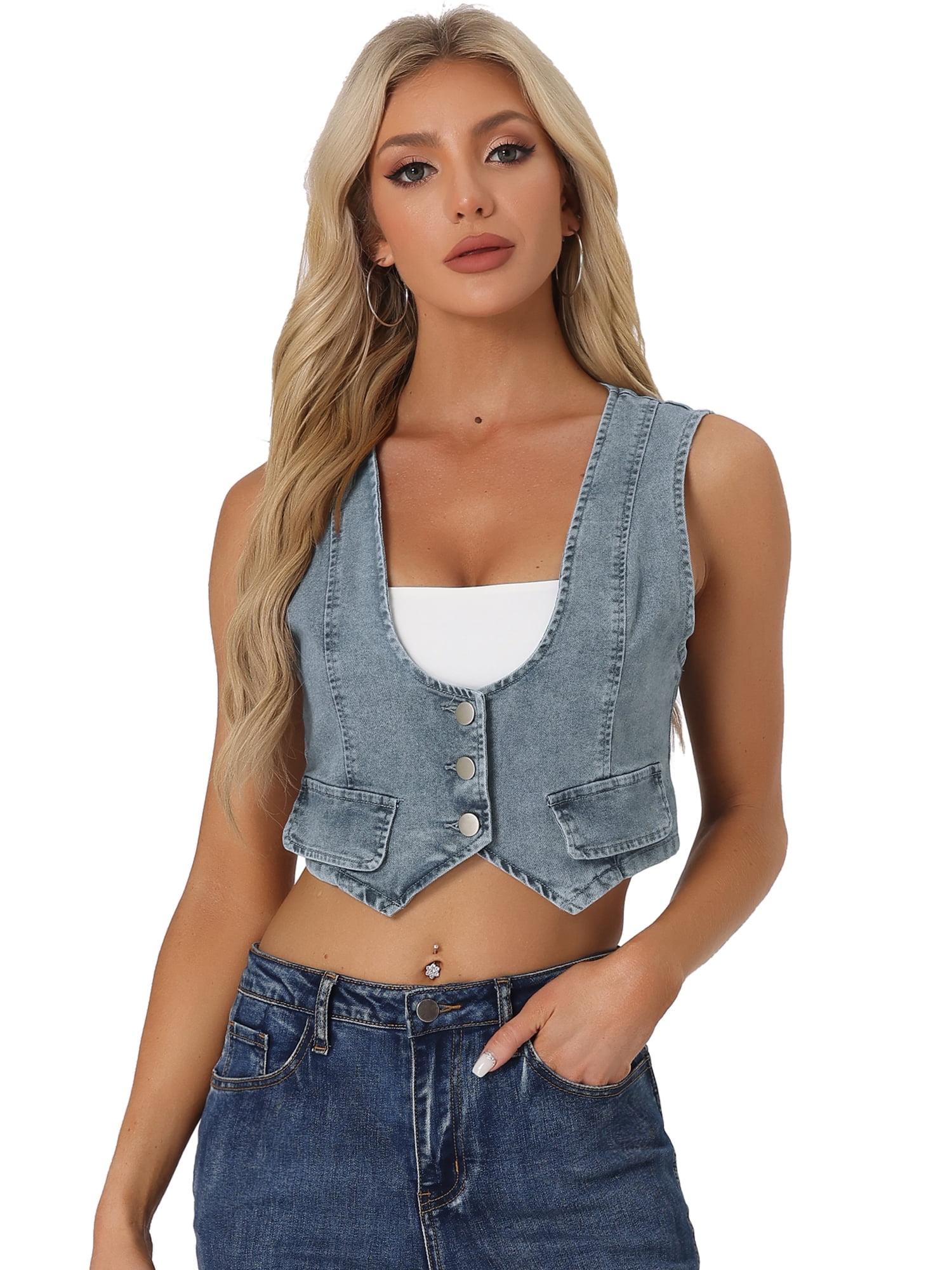 DARING DIVA Women's Denim Button Up Jean Crop Racerback Vest Jacket XS Gray Blue