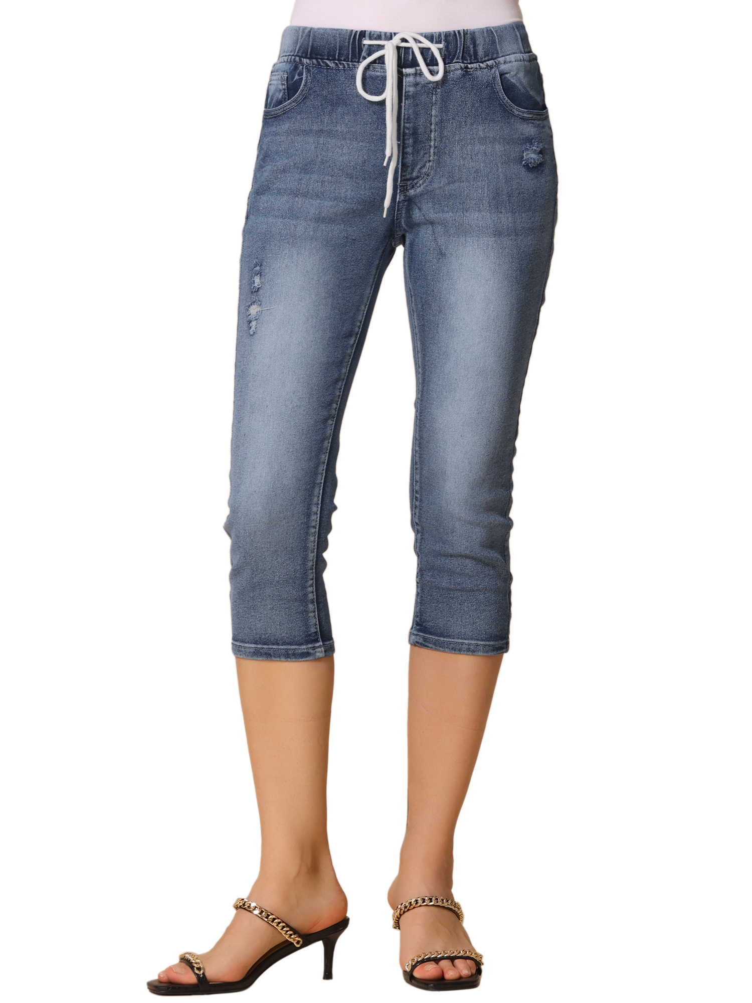 DARING DIVA Women's Denim Capri Pants Distressed Drawstring Skinny Jeans S Blue