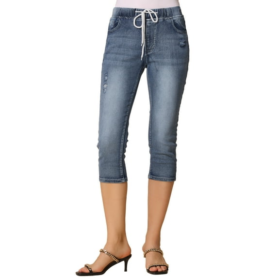 DARING DIVA Women's Denim Capri Pants Distressed Drawstring Skinny Jeans XS Blue