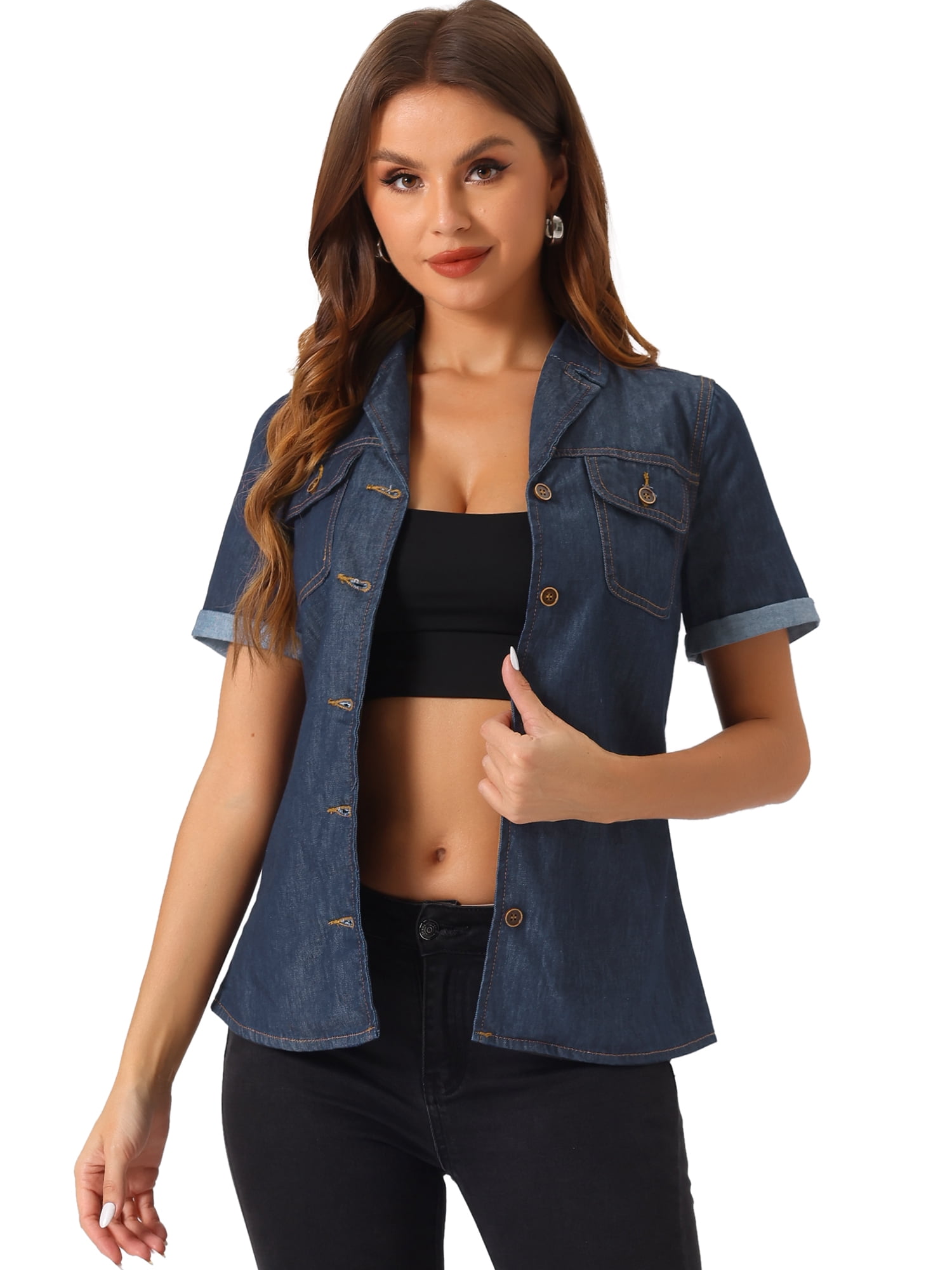 DARING DIVA Women's Denim Collared Chest Pocket Button Up Shirt XS Deep Blue