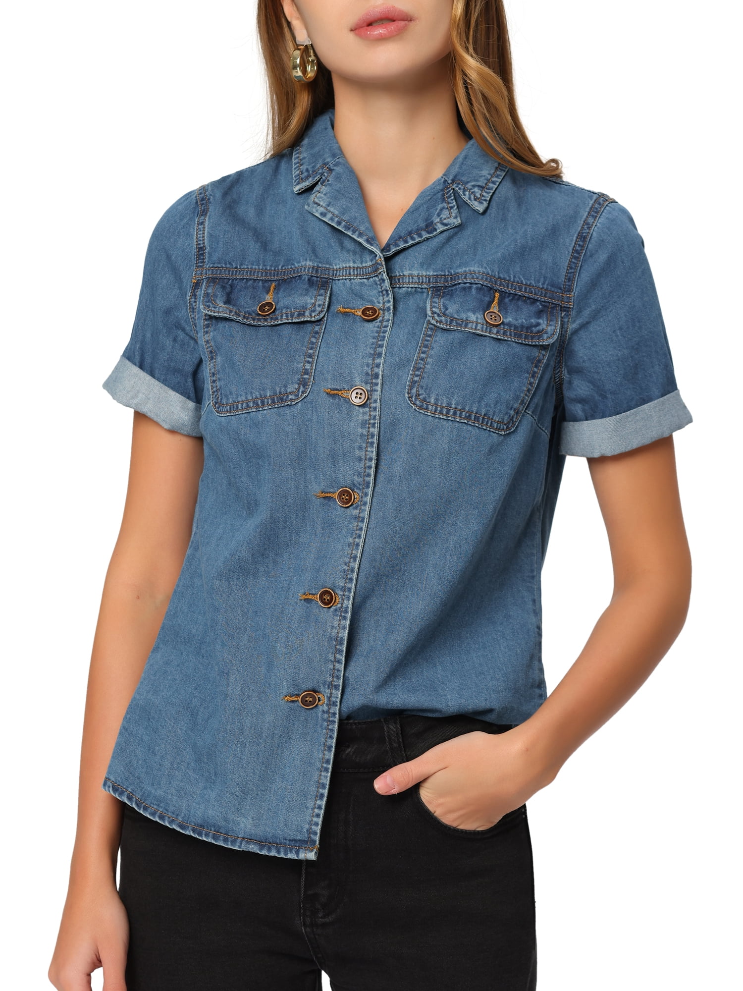 DARING DIVA Women's Denim Collared Short Sleeve Chest Pocket Button Up Shirt L Blue