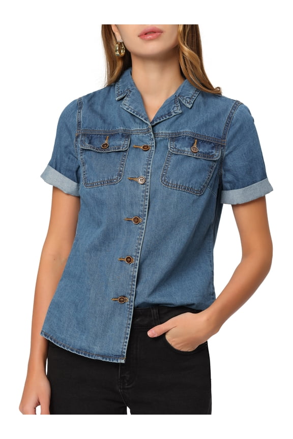 Women's Denim Collared Short Sleeve Chest Pocket Button Up Shirt L Blue