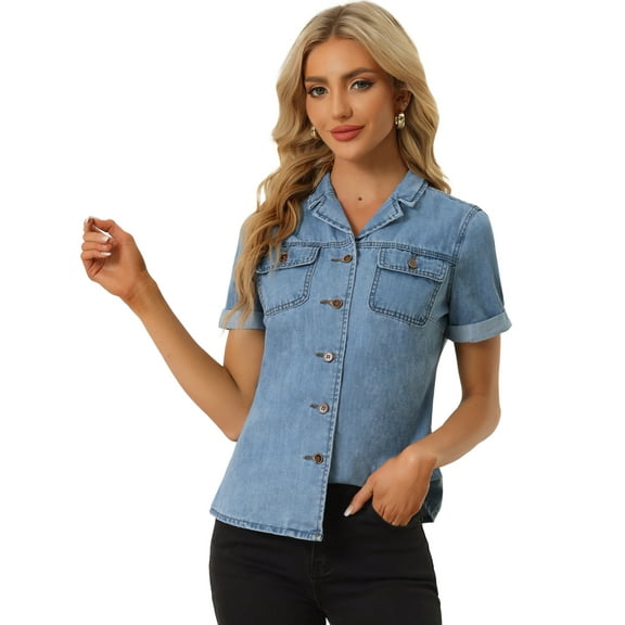 DARING DIVA Women's Denim Collared Short Sleeve Chest Pocket Button Up Shirt L Light Blue