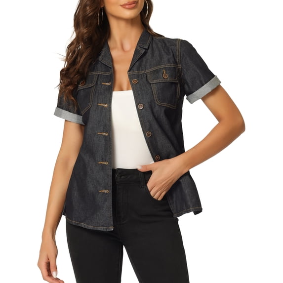 DARING DIVA Women's Denim Collared Short Sleeve Chest Pocket Button Up Shirt M Black