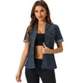 thumbnail image 1 of DARING DIVA Women's Denim Collared Short Sleeve Chest Pocket Button Up Shirt S Deep Blue, 1 of 6