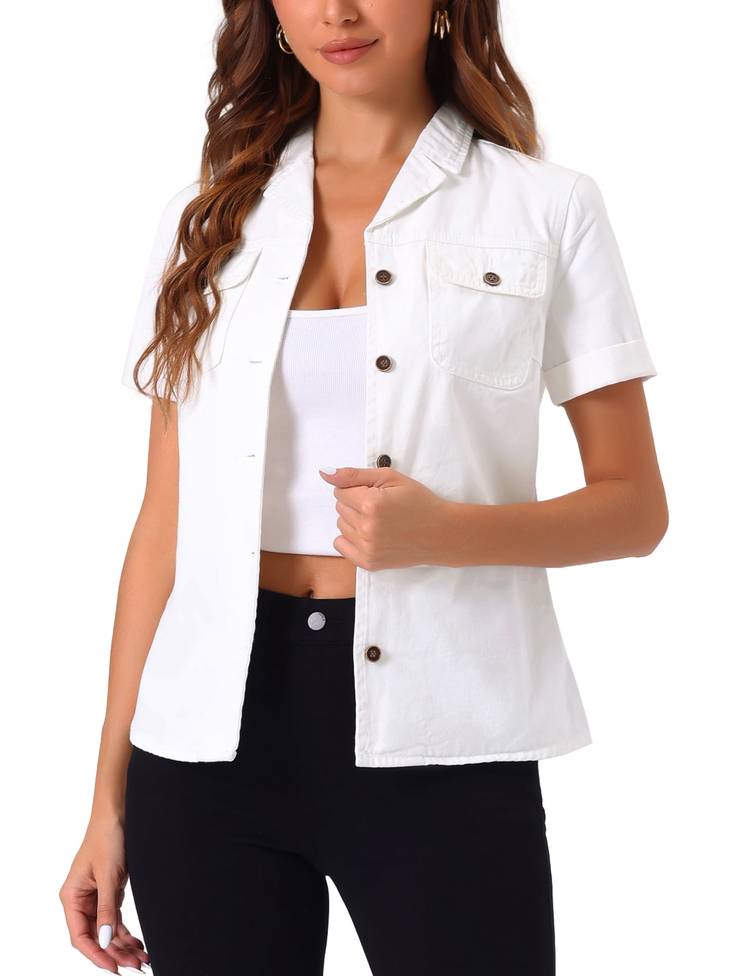 DARING DIVA Women's Denim Collared Short Sleeve Chest Pocket Button Up Shirt S White