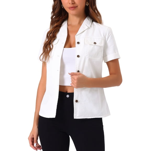 DARING DIVA Women's Denim Collared Short Sleeve Chest Pocket Button Up Shirt S White