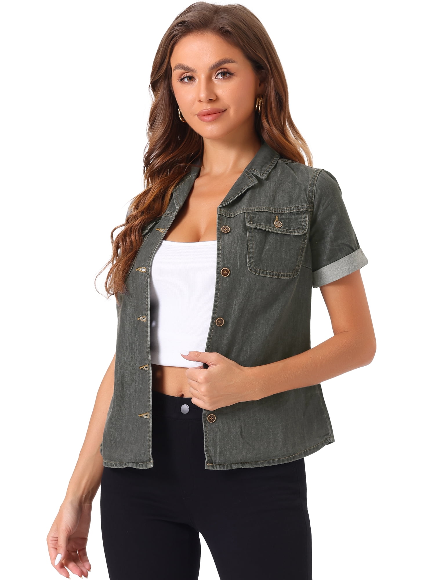 DARING DIVA Women's Denim Collared Short Sleeve Chest Pocket Button Up Shirt XL Gray