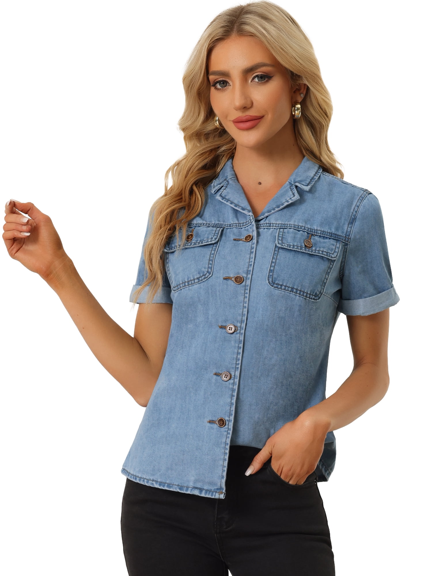 DARING DIVA Women's Denim Collared Short Sleeve Chest Pocket Button Up Shirt XL Light Blue