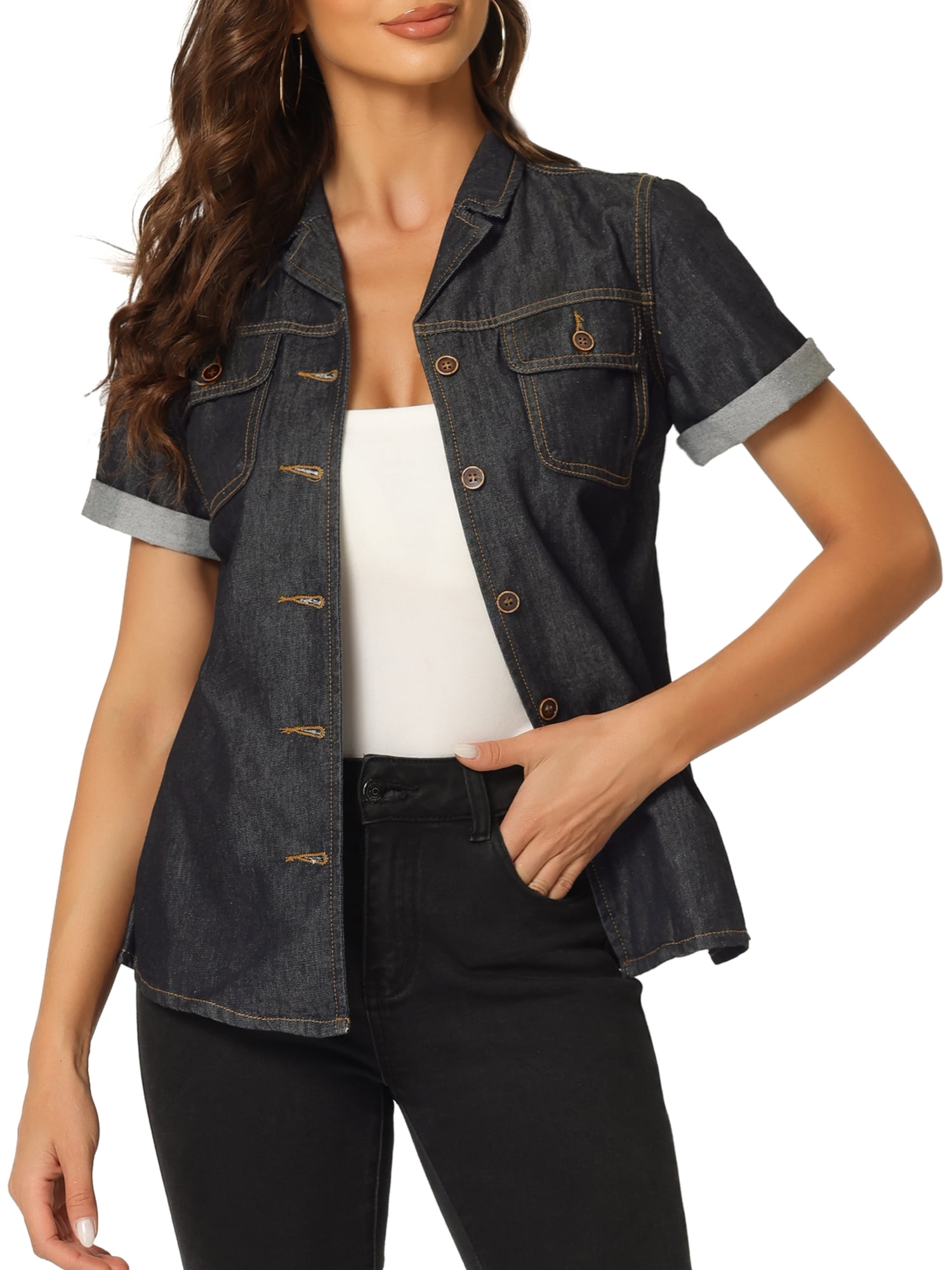 DARING DIVA Women's Denim Collared Short Sleeve Chest Pocket Button Up Shirt XS Black