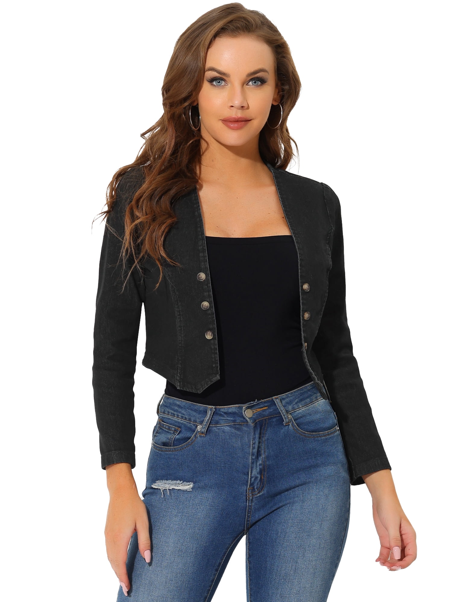 DARING DIVA Women's Denim Cropped Jacket Open Front Collarless Bolero Shrug M Black