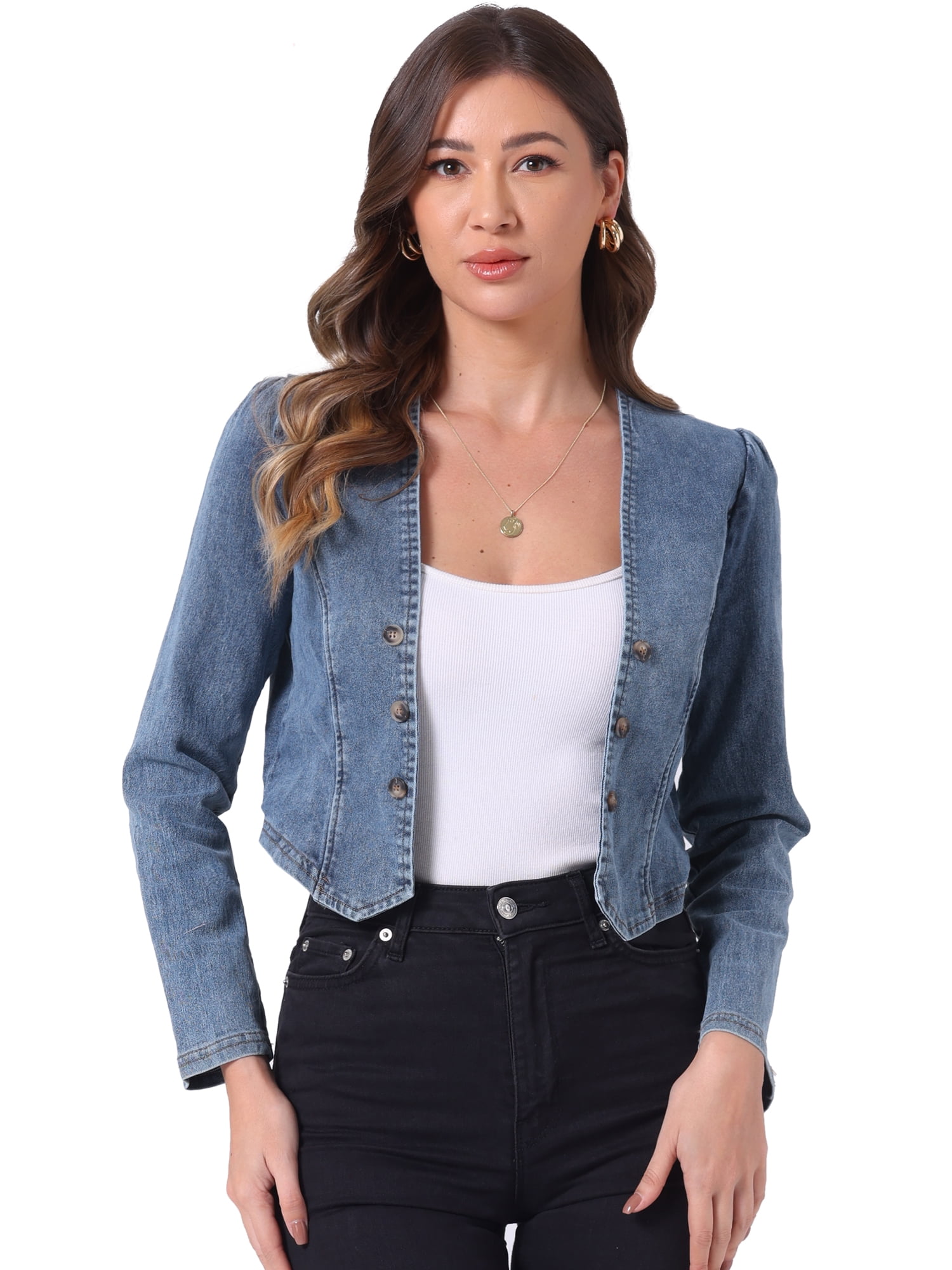 DARING DIVA Women's Denim Cropped Jacket Open Front Collarless Bolero Shrug XS Dusty Blue
