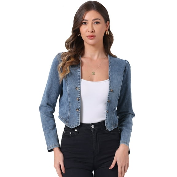 DARING DIVA Women's Denim Cropped Jacket Open Front Collarless Bolero Shrug XS Dusty Blue