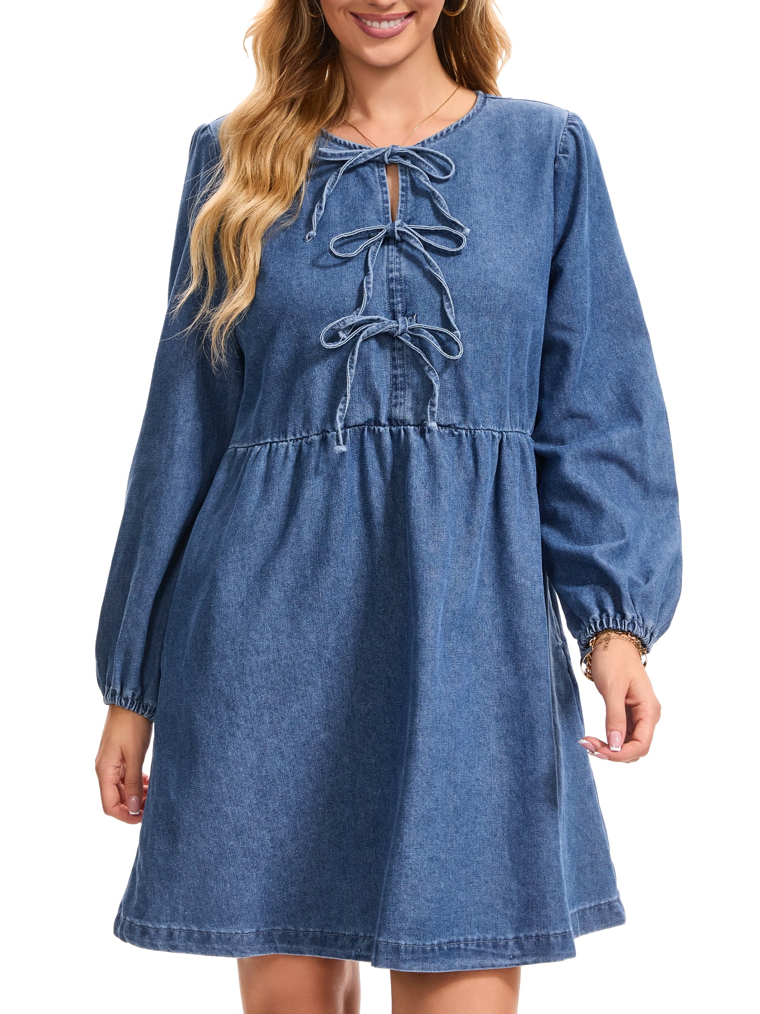 DARING DIVA Women's Denim Dress Bow Tie Long Sleeve Babydoll Dresses L Blue