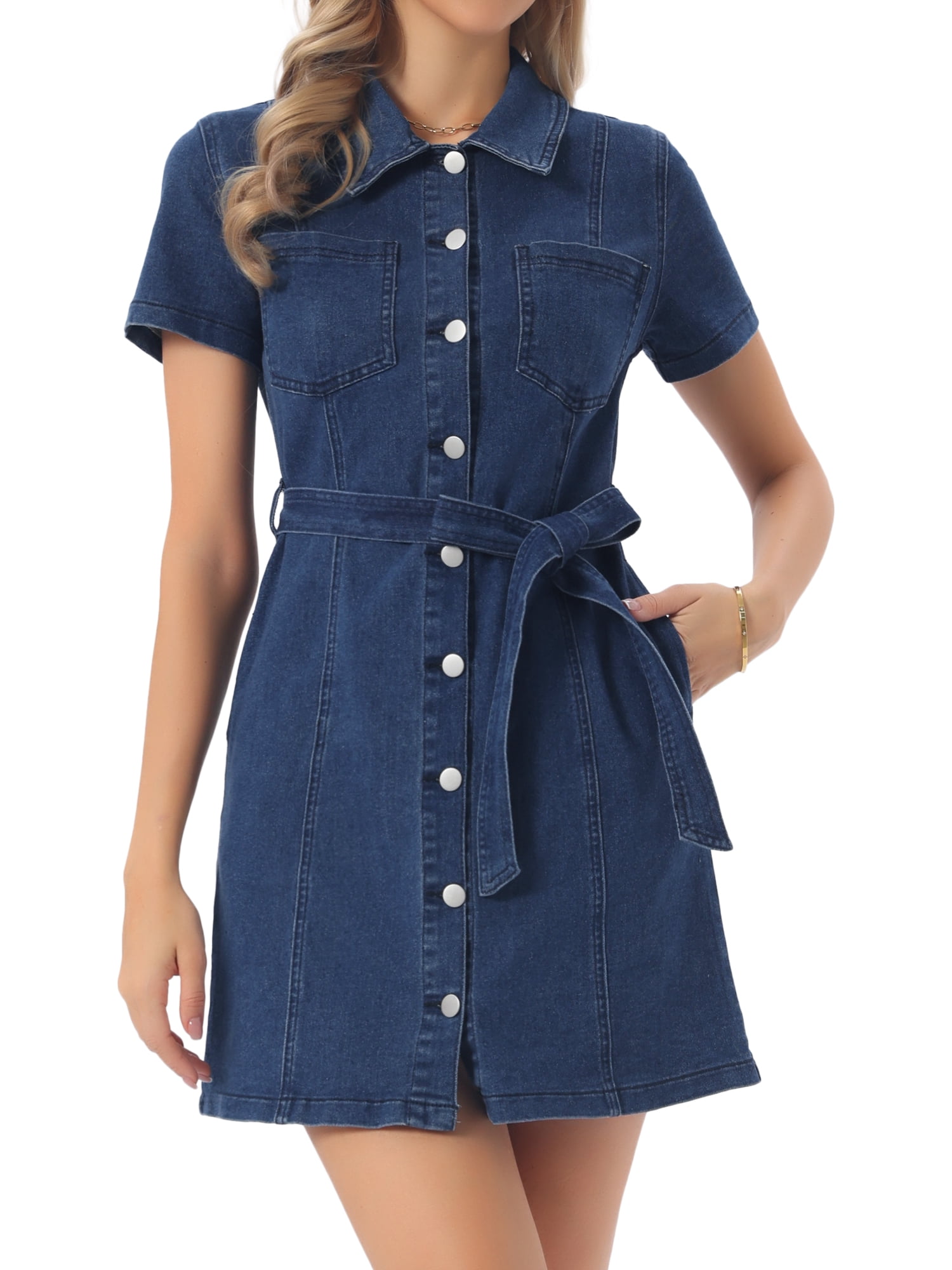 DARING DIVA Women's Denim Dress Button Down Short Sleeve Dresses M Deep Blue