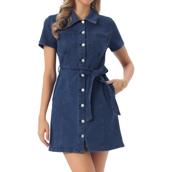 DARING DIVA Women's Denim Dress Button Down Short Sleeve Dresses XS Deep Blue