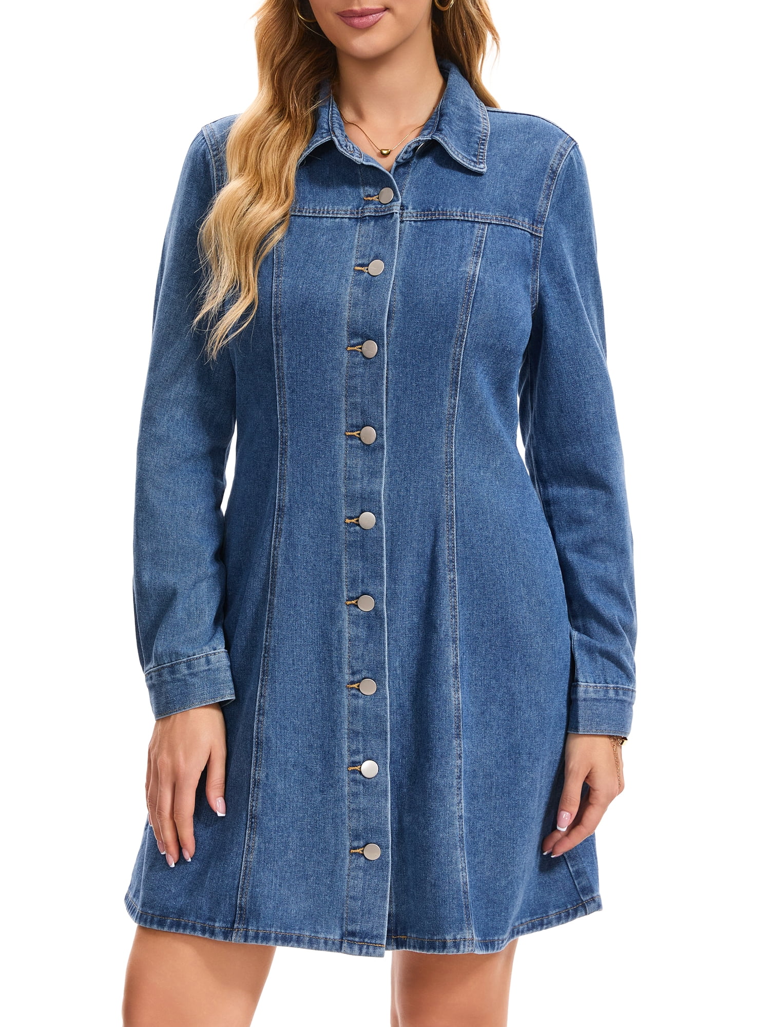 DARING DIVA Women's Denim Dress Long Sleeve Button Front Mini Dress L Blue