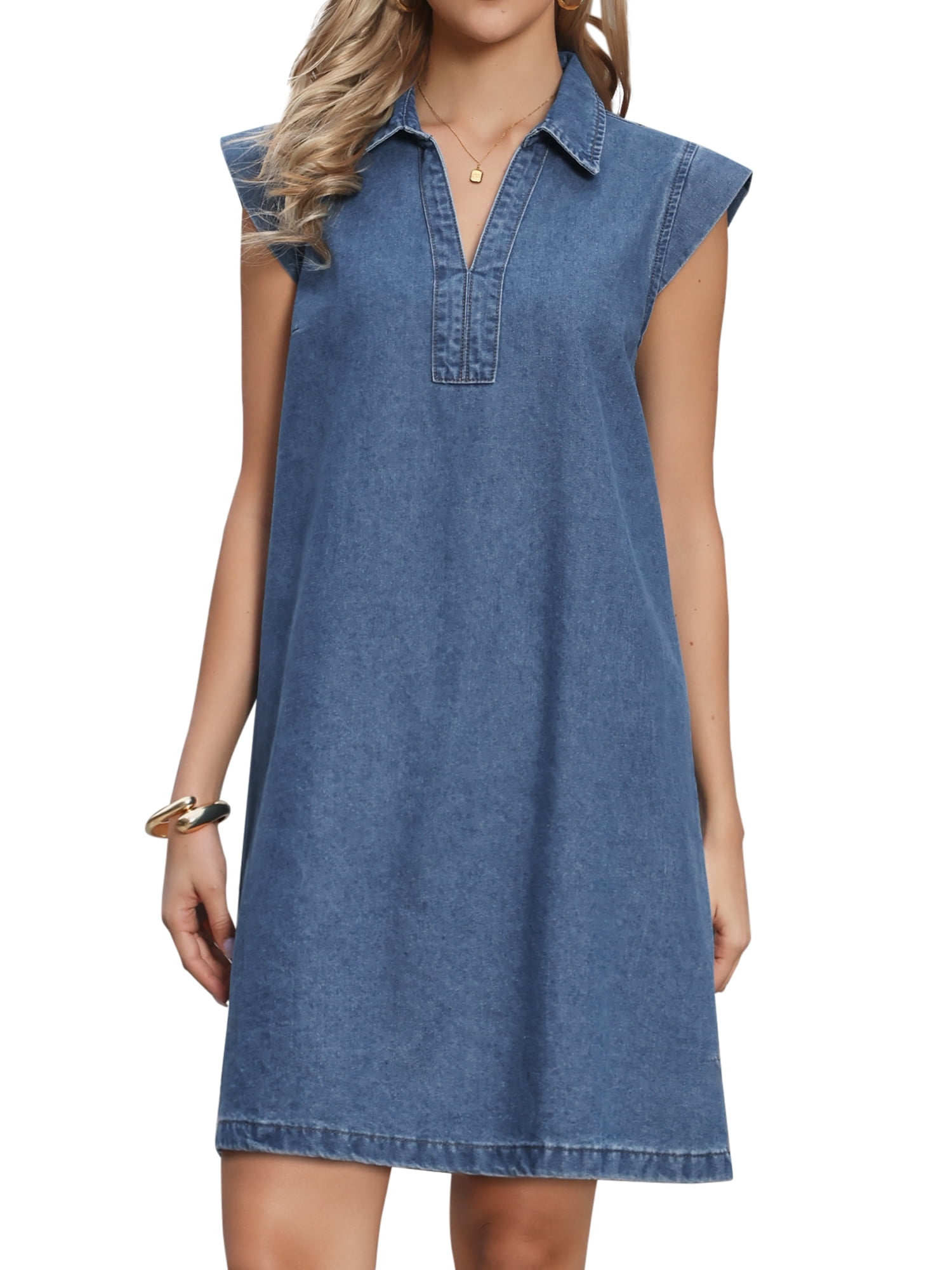 DARING DIVA Women's Denim Dress V Neck Cap Sleeve Loose Tunic Jean Dress M Blue