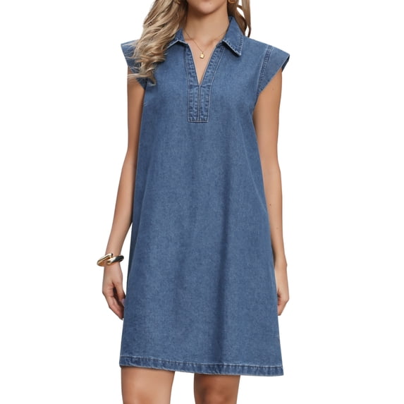 DARING DIVA Women's Denim Dress V Neck Cap Sleeve Loose Tunic Jean Dress M Blue